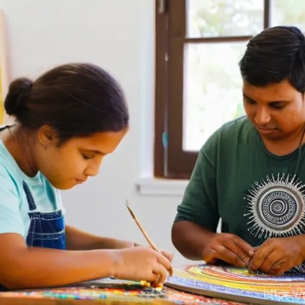 호주 내 원주민과 이민자 관계 - **Prompt 1: A Vibrant Aboriginal Art Workshop**
A group of diverse individuals, including an eld...