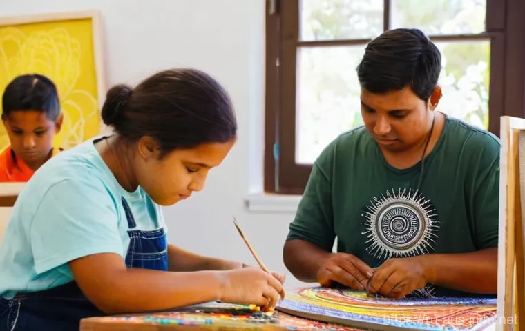 호주 내 원주민과 이민자 관계 - **Prompt 1: A Vibrant Aboriginal Art Workshop**
    A group of diverse individuals, including an eld...