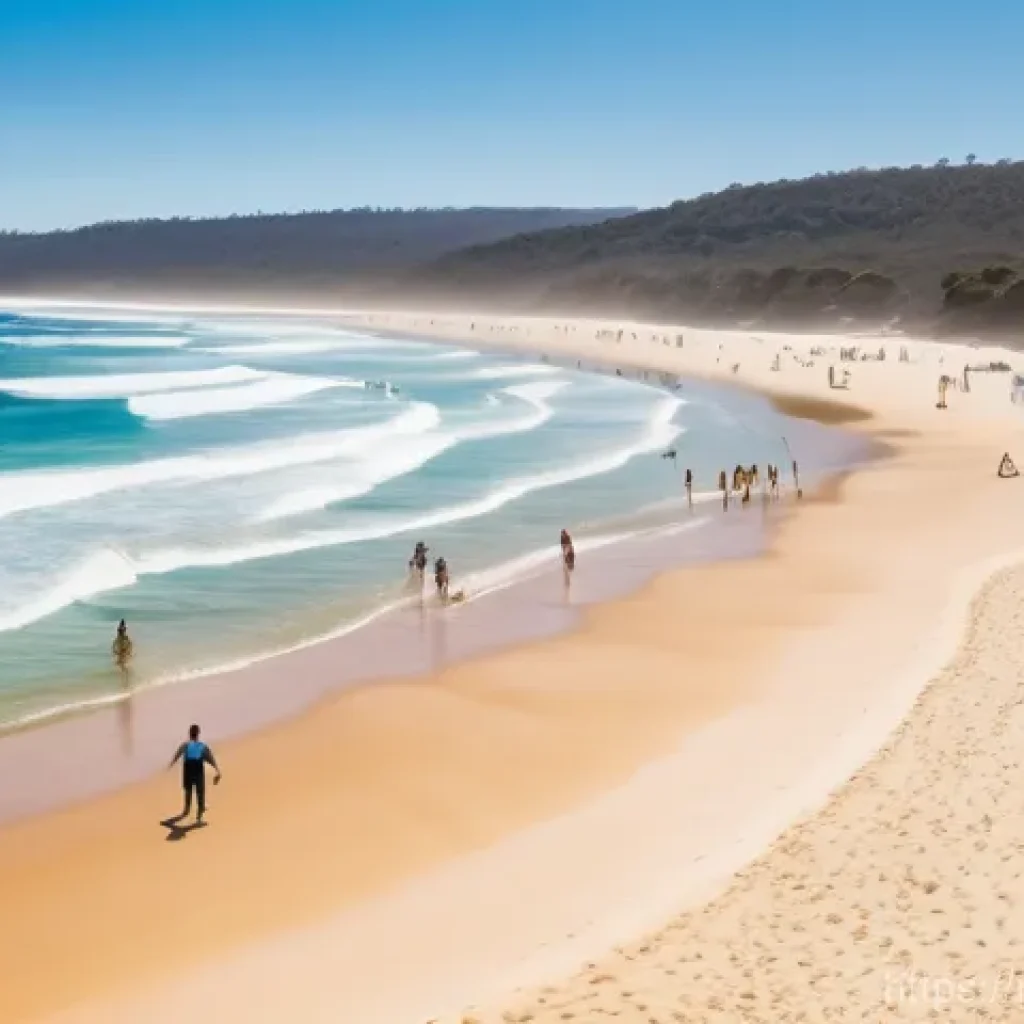 호주인의 여가 활동과 캠핑 문화 - **A Vibrant Australian Beach with Surfers and Swimmers.**
"A wide, sun-drenched panorama of a qu...