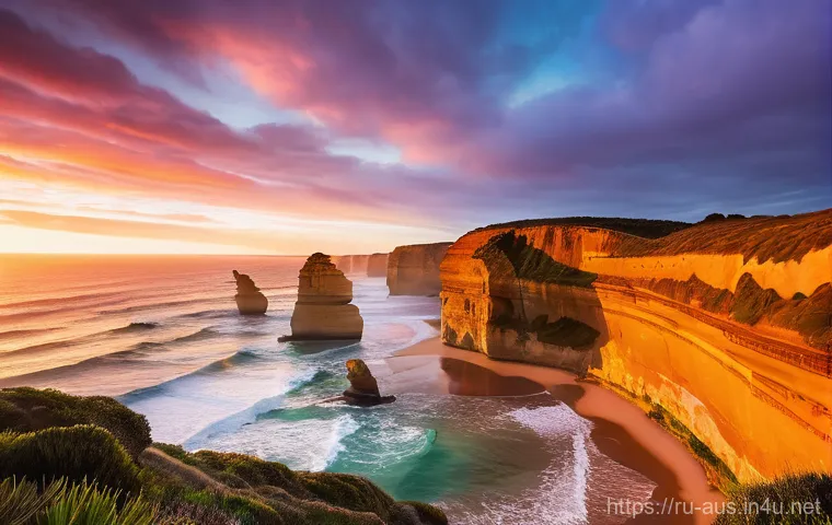 그레이트 오션 로드 드라이브 코스 추천 - Image Prompt 1: The Majestic Twelve Apostles at Sunset**