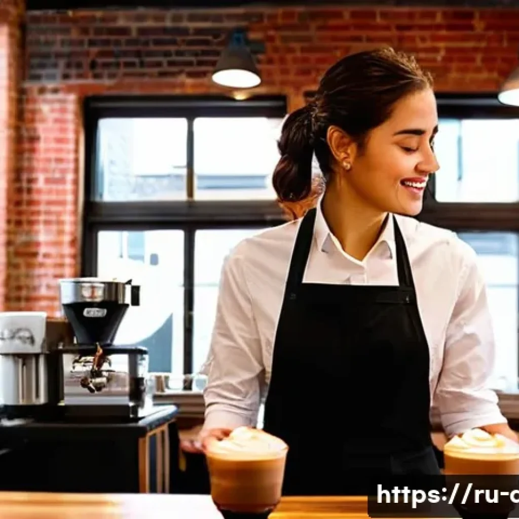 멜버른 카페 문화 및 추천 카페 - **A bustling, vibrant coffee shop in Melbourne.** A skilled barista, a young woman with a focused ex...