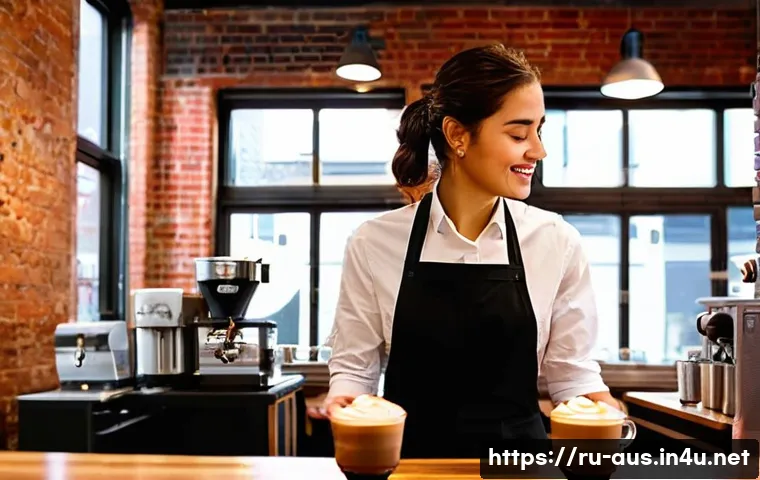 멜버른 카페 문화 및 추천 카페 - **A bustling, vibrant coffee shop in Melbourne.** A skilled barista, a young woman with a focused ex...