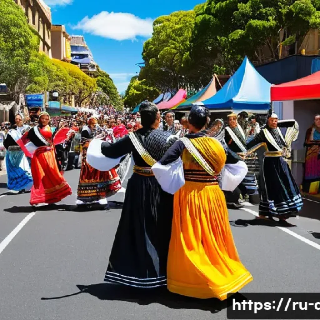 오스트레일리아의 민족성과 국민성 - A vibrant multicultural street festival in Sydney during the day, featuring diverse groups of people...