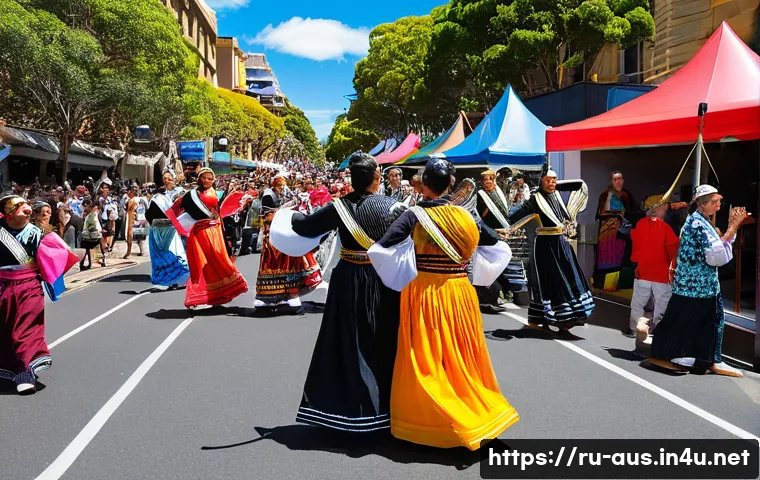 오스트레일리아의 민족성과 국민성 - A vibrant multicultural street festival in Sydney during the day, featuring diverse groups of people...