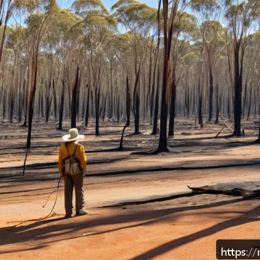 호주 기후 변화와 산불 문제 - A vivid scene depicting an Australian forest during a prolonged drought period: dry, cracked earth w...