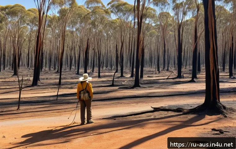 호주 기후 변화와 산불 문제 - A vivid scene depicting an Australian forest during a prolonged drought period: dry, cracked earth w...