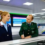 Home 22 호주 여행 시 입국 심사 팁 - A detailed airport immigration scene showing a polite Russian tourist couple at the Australian passp...