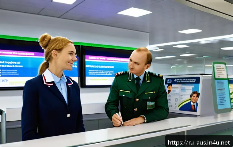 호주 여행 시 입국 심사 팁 - A detailed airport immigration scene showing a polite Russian tourist couple at the Australian passp...