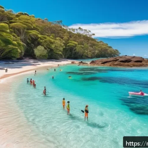 Home 33 호주 바다에서 상어주의 지역 - A serene Australian beach scene at midday along Queensland’s coast near the Great Barrier Reef, show...