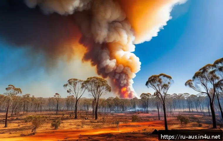 호주 대형 산불의 원인과 피해 - A detailed scene of a vast Australian eucalyptus forest during a severe drought, with dry, brittle v...