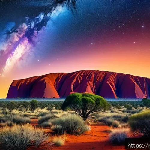 Home 31 드림타임 신화와 전설 - A serene Australian outback landscape featuring Uluru, the massive sacred red rock formation, bathed...