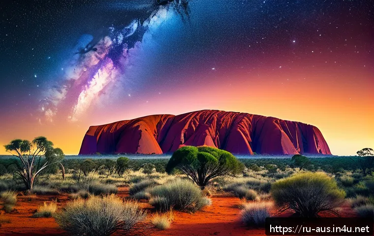 드림타임 신화와 전설 - A serene Australian outback landscape featuring Uluru, the massive sacred red rock formation, bathed...