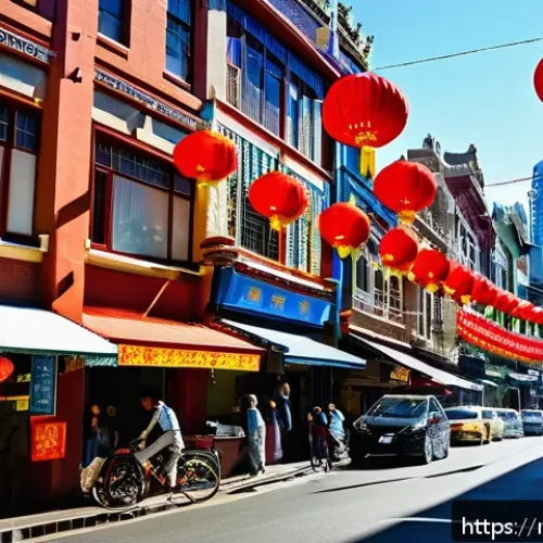 Home 30 호주 내 다문화 사회와 언어 다양성 - A vibrant street scene in Sydney’s Chinatown during the day, showcasing multicultural signage in Eng...