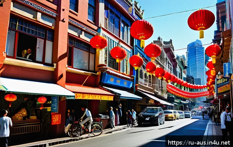 호주 내 다문화 사회와 언어 다양성 - A vibrant street scene in Sydney’s Chinatown during the day, showcasing multicultural signage in Eng...