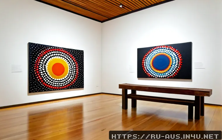Home 17 오스트레일리아 원주민 미술 - Photorealistic Australian Aboriginal art gallery interior, a large colorful dot-painting canvas disp...